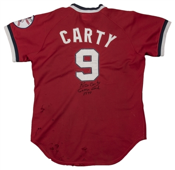 1975-77 Rico Carty Game Used and Signed/Inscribed Cleveland Indians Red Jersey (PSA/DNA)